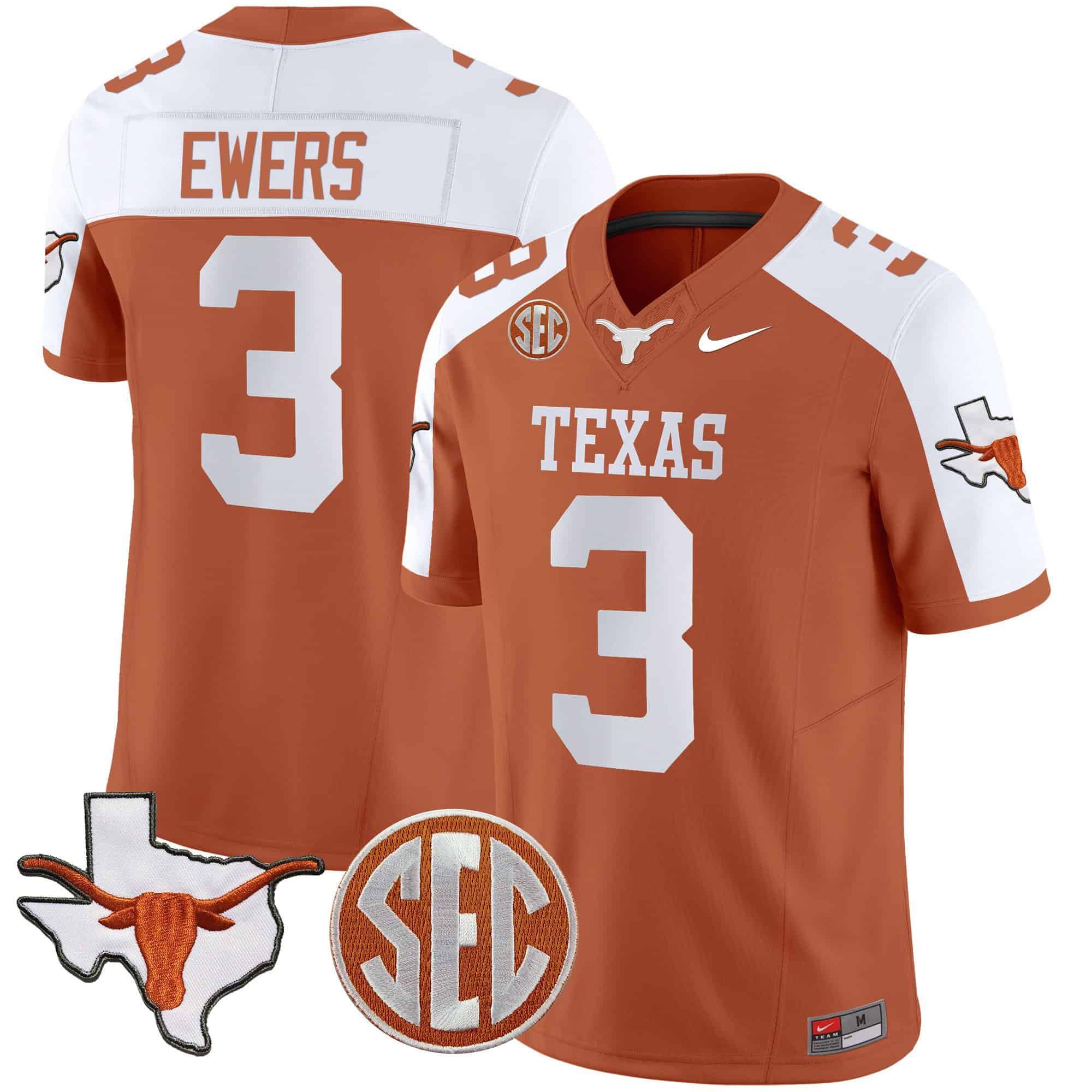 Men Texas Longhorns #3 Ewers Orange 2024 Nike State Map & SEC Patch Vapor NCAA Jersey->indianapolis colts->NFL Jersey